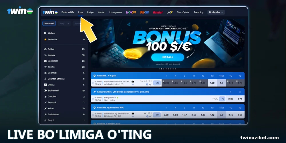 1Win O'zbekistondagi Live bo'limiga kiring
